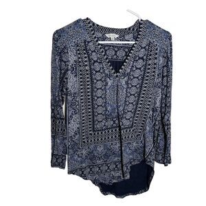 Lucky Brand Blouse Women's Medium Blue V-Neck 3/4 Sleeve Boho Casual Top